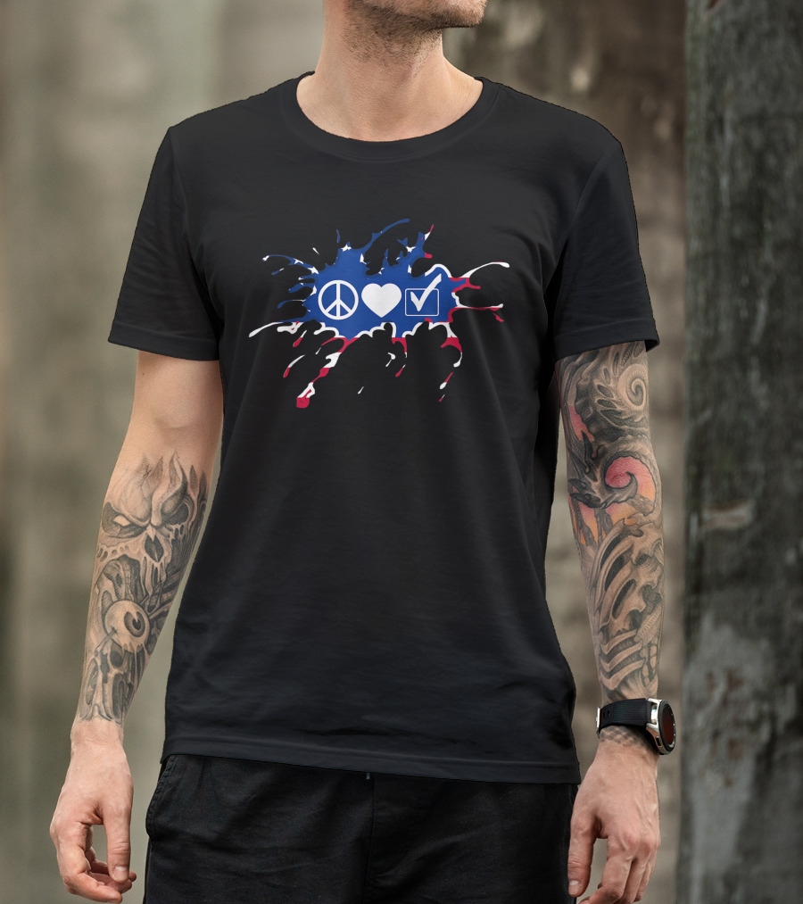 Peace Love Vote Peace Sign Heart Checkmark Red White Blue Splatter T-Shirt