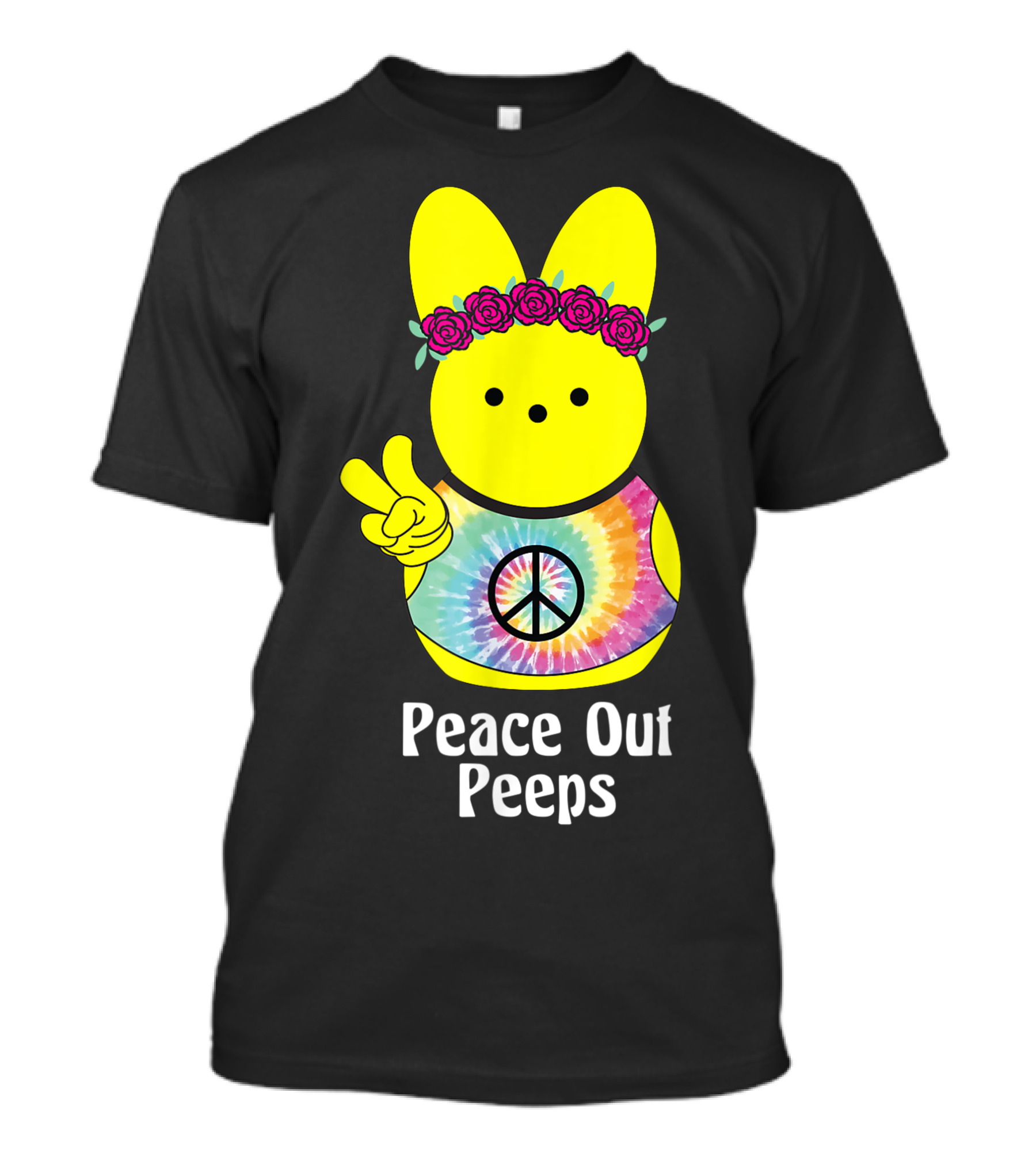 Peace Out Peeps Easter Tie Dye Hippie Bunny With Flower Crown And Peace Sign T-Shirt