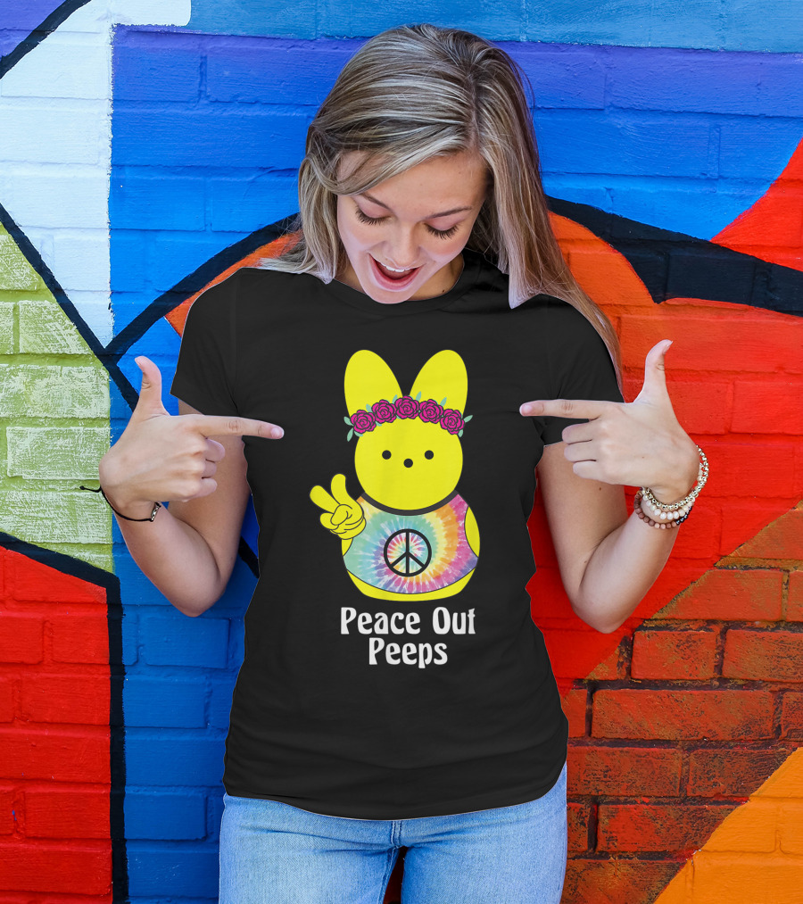 Peace Out Peeps Easter Tie Dye Hippie Bunny With Flower Crown And Peace Sign T-Shirt