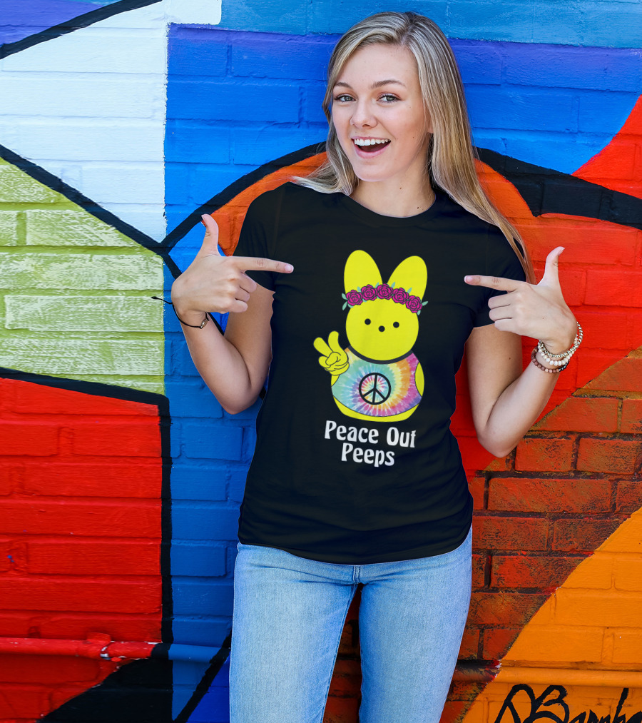 Peace Out Peeps Easter Tie Dye Hippie Bunny With Flower Crown And Peace Sign T-Shirt