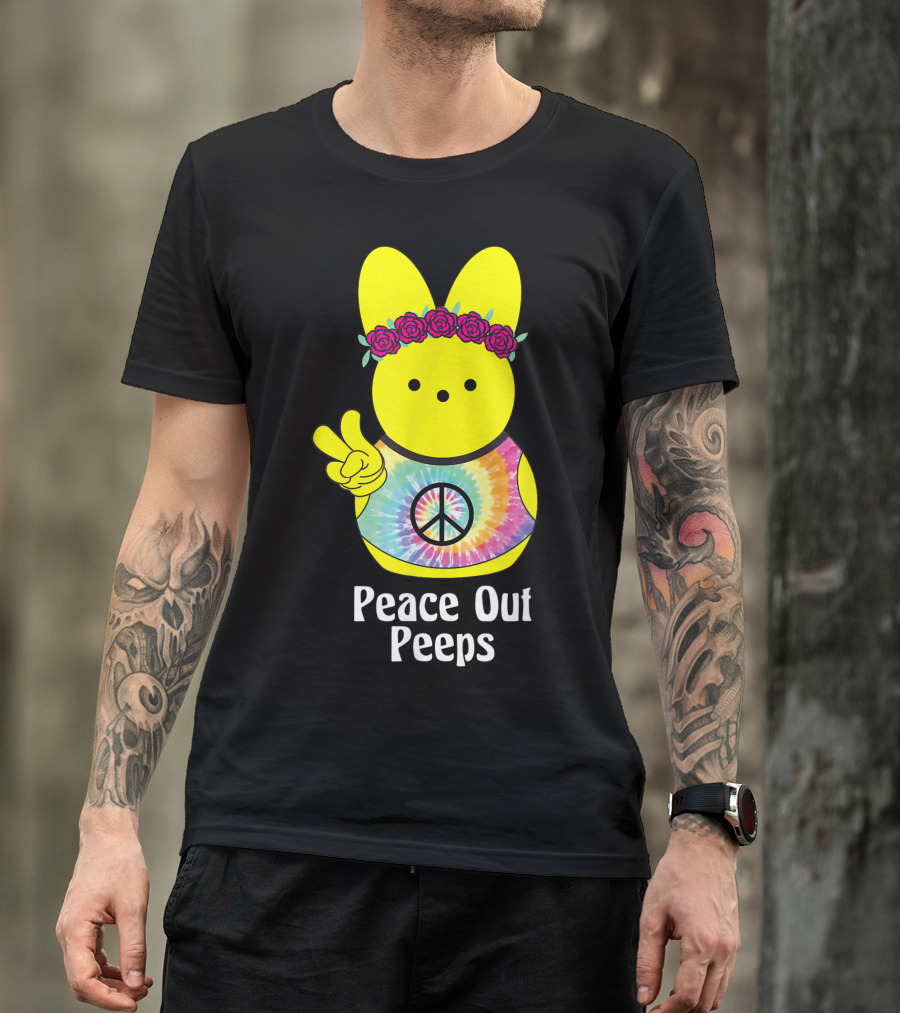 Peace Out Peeps Easter Tie Dye Hippie Bunny With Flower Crown And Peace Sign T-Shirt