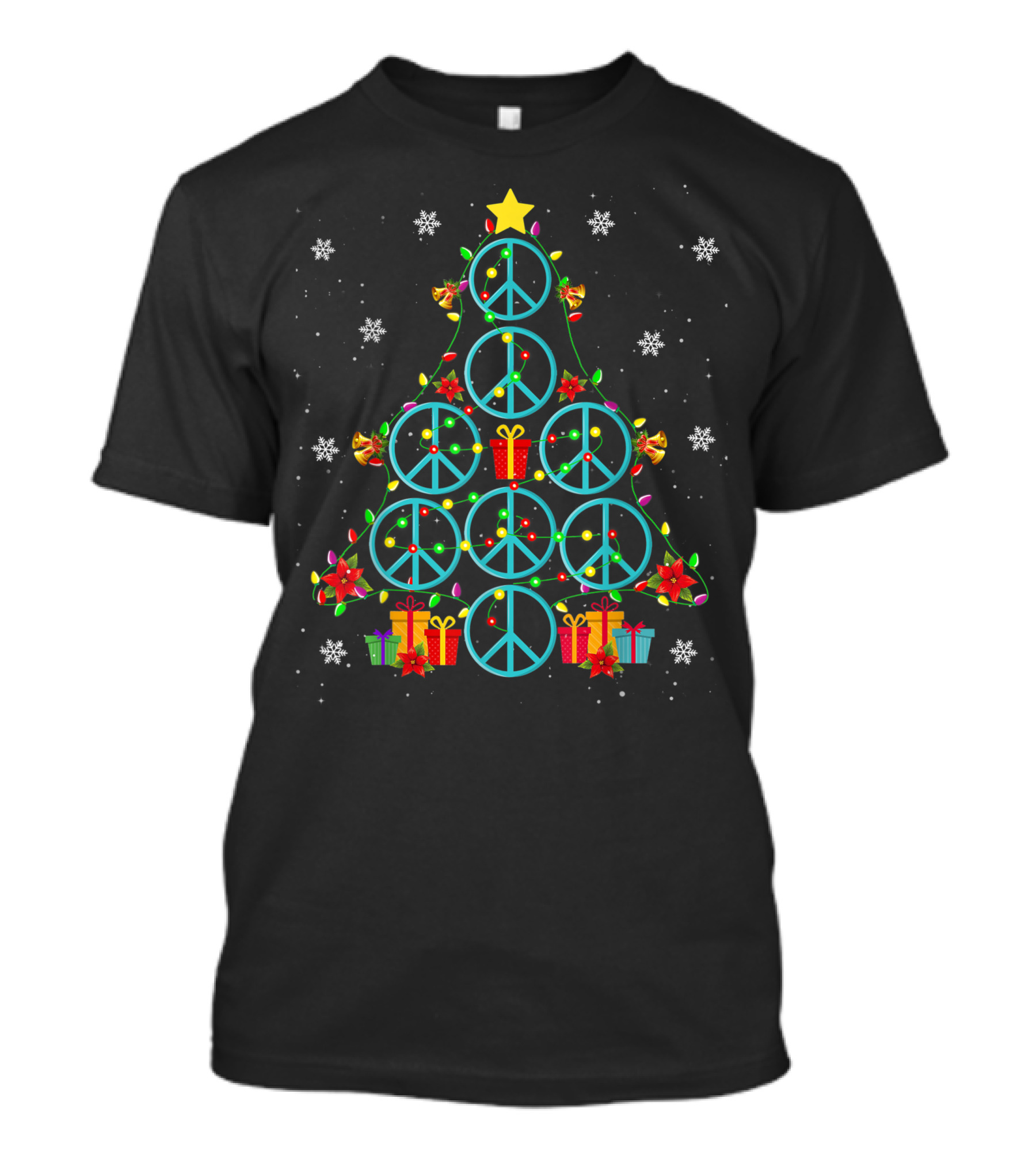 Peace Sign Christmas Tree With Presents And Snowflakes Hippie Xmas Matching Group T-Shirt