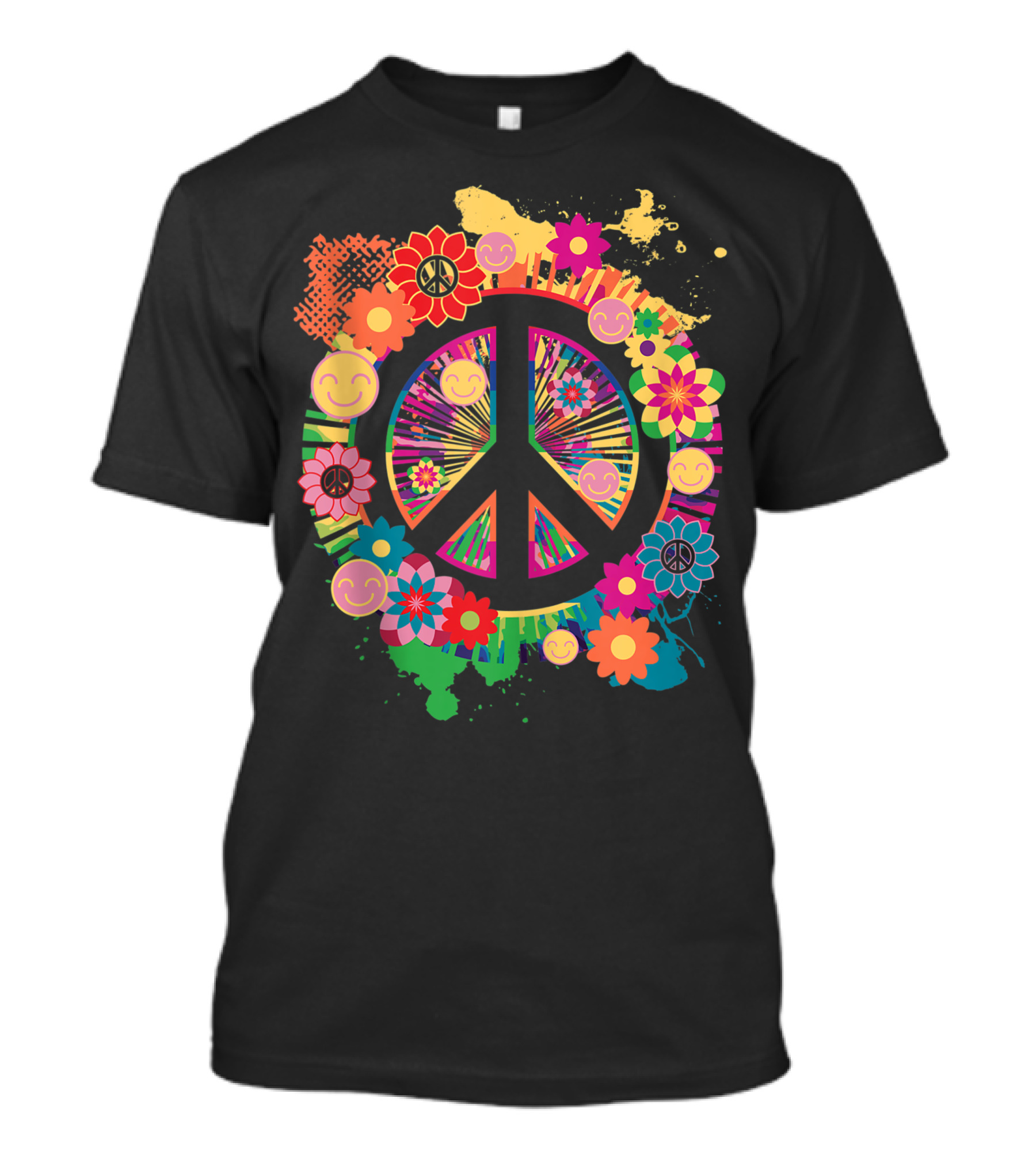 Peace Sign With Colorful Flowers And Smiley Faces 60s 70s Hippie T-Shirt