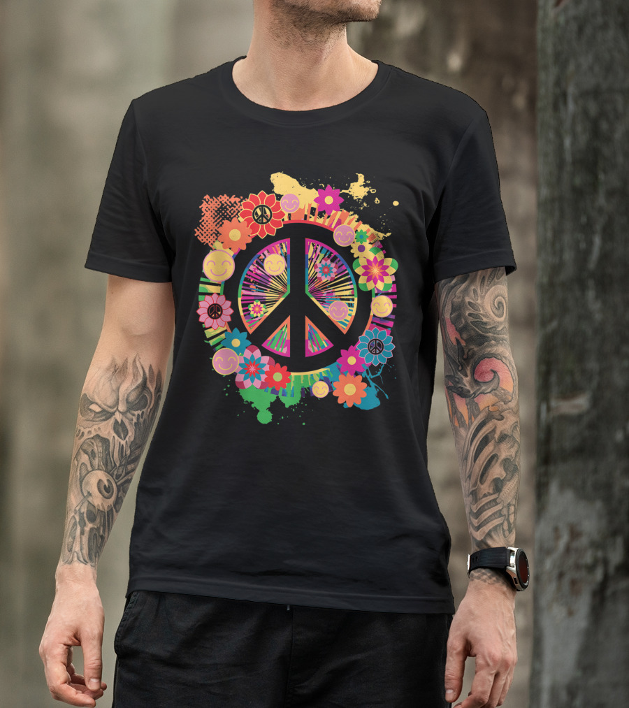 Peace Sign With Colorful Flowers And Smiley Faces 60s 70s Hippie T-Shirt