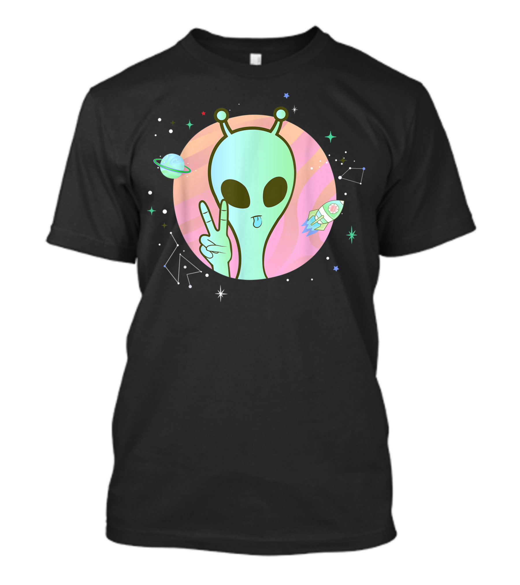 Peace Sign Hand Planet Stars UFO Trippy Cool Green Alien T-Shirt