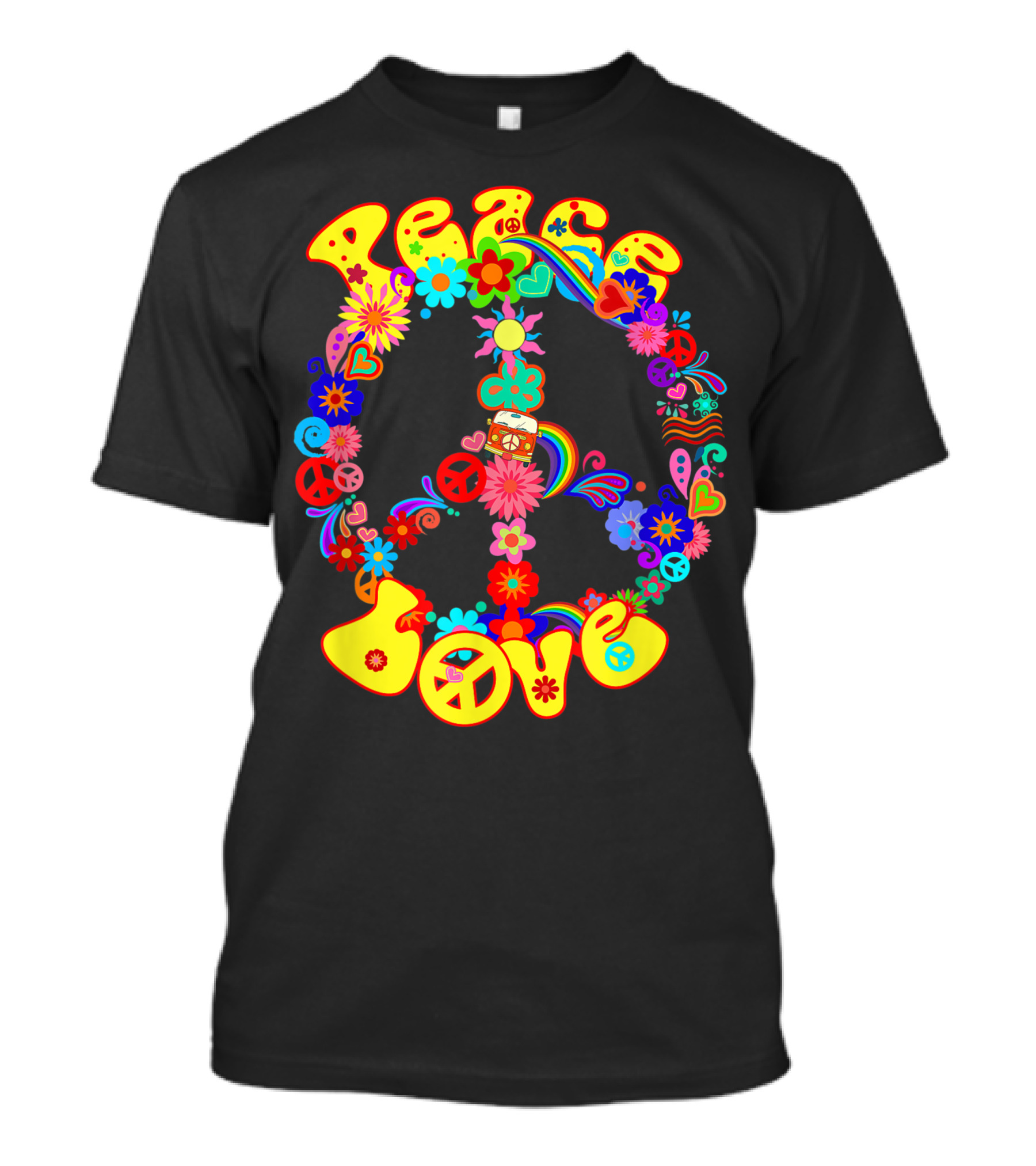 Peace Love Groovy 60s 70s Hippie Ad Rainbow Flowers Peace Sign T-Shirt