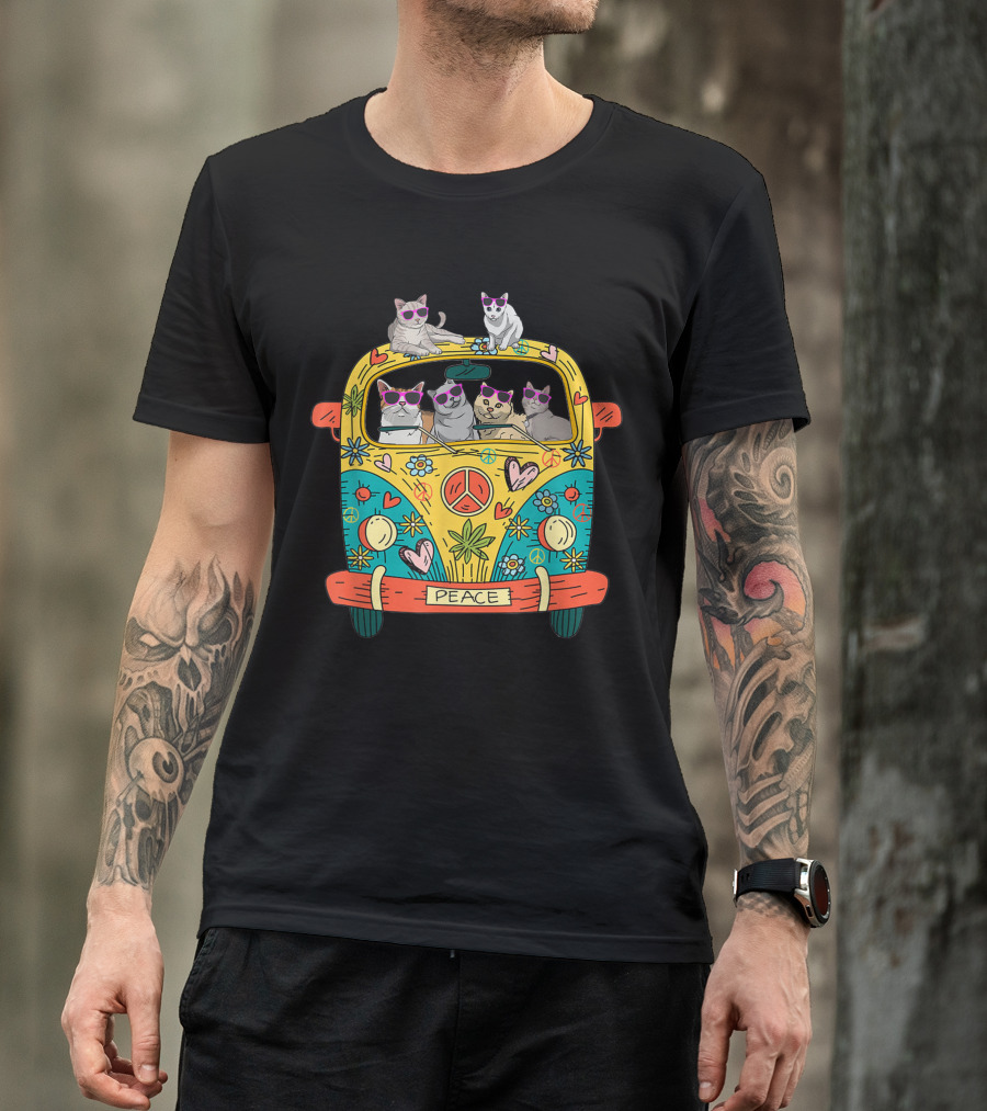 Hippie Van With Sunglasses Cats And Peace T-Shirt