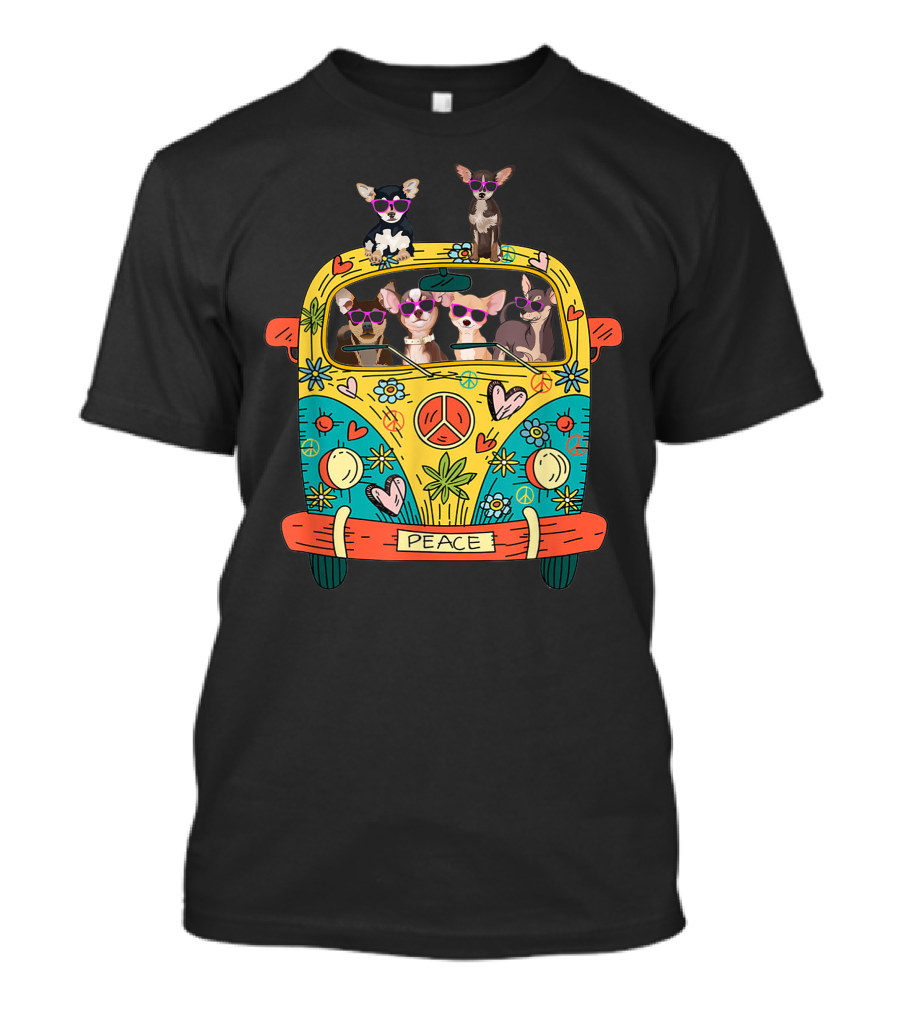 Peace Sign Hippie Van With Sunglasses Chihuahuas And Groovy Flowers T-Shirt