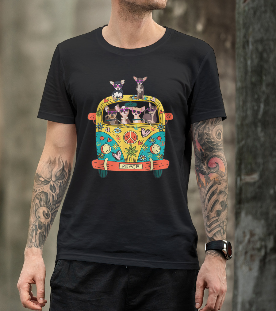 Peace Sign Hippie Van With Sunglasses Chihuahuas And Groovy Flowers T-Shirt