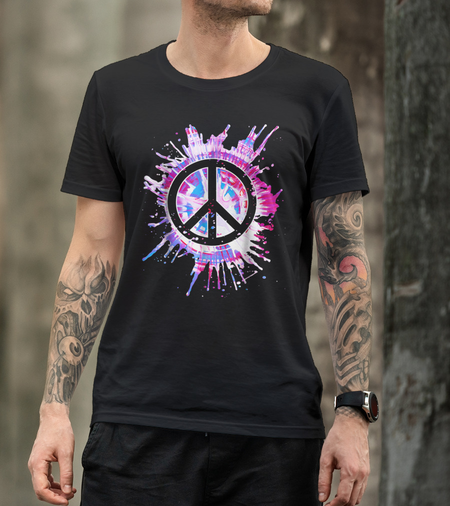 Peace Sign Paint Splatter 70s Hippie Tie Dye Rainbow Burst T-Shirt