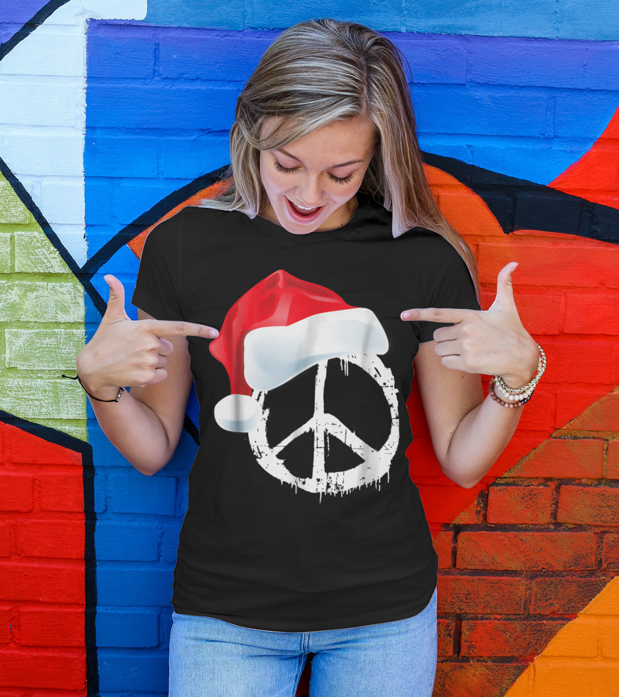 Peace Sign Vintage Distressed Symbol Hippie Santa Hat Holiday T-Shirt