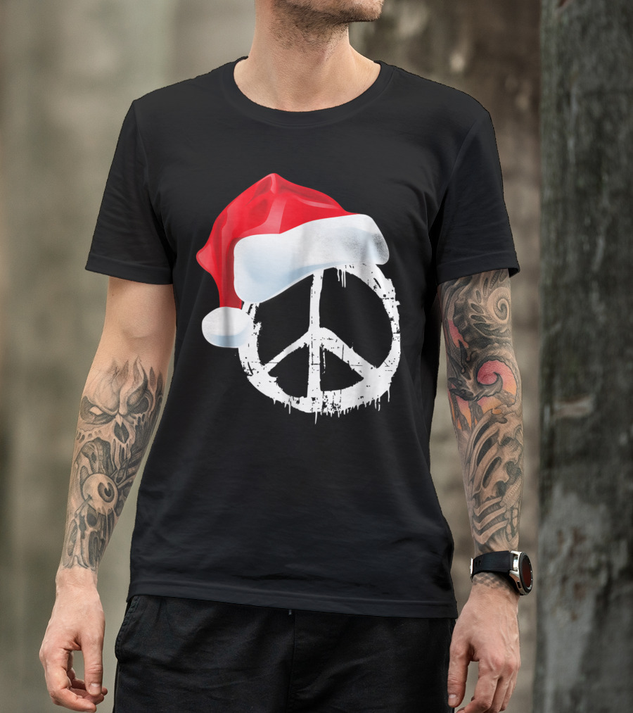 Peace Sign Vintage Distressed Symbol Hippie Santa Hat Holiday T-Shirt