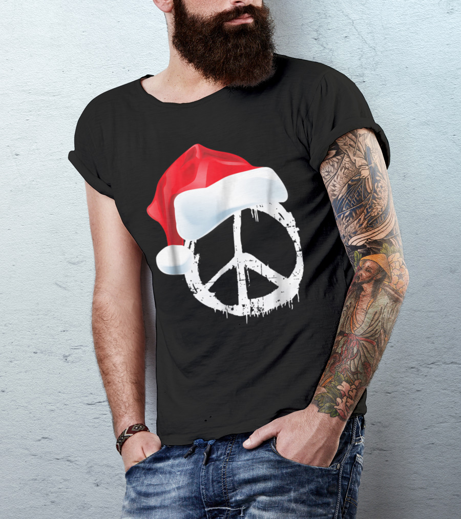 Peace Sign Vintage Distressed Symbol Hippie Santa Hat Holiday T-Shirt