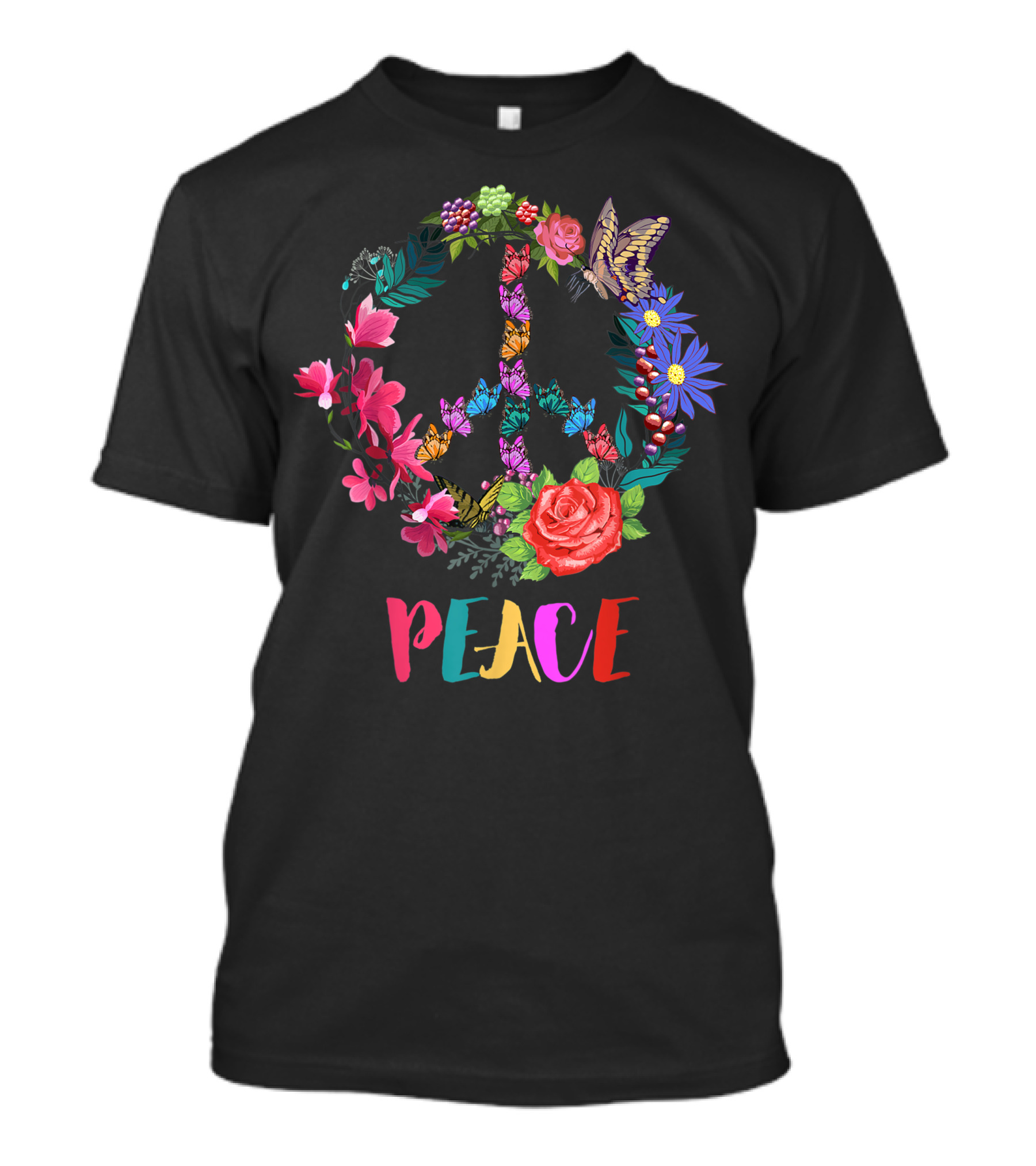 Peace Sign Spring Flowers Butterfly Hippie Vibrant Colors T-Shirt