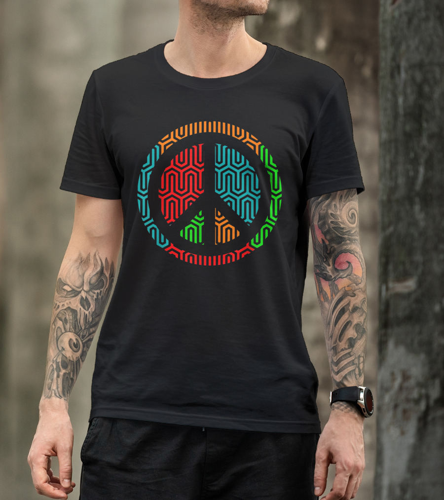 Peace Symbol 70s Bright Colors Hexagonal Pattern Retro Vibe T-Shirt