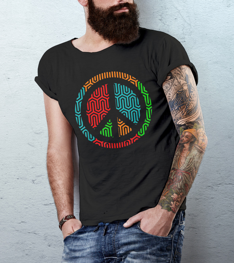 Peace Symbol 70s Bright Colors Hexagonal Pattern Retro Vibe T-Shirt