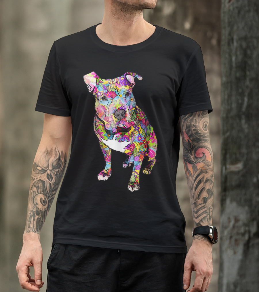 Pitbull Colorful Hippie Peace Sign Cute Love Pit Bull Whimsical Floral T-Shirt