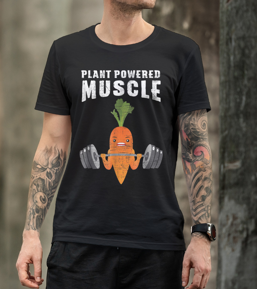 Plant Powered Muscle Carrot Lifting Weights Vegan T-Shirt