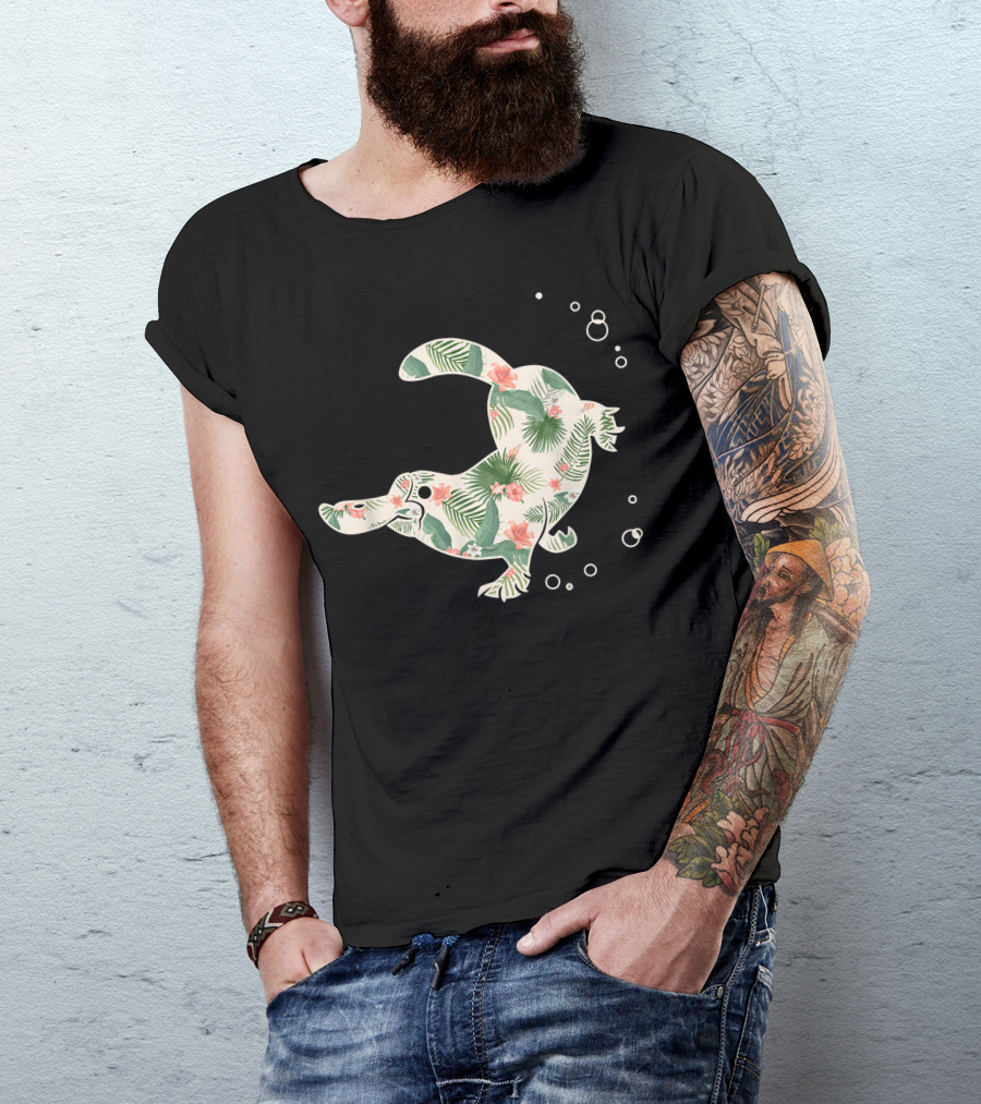 Platypus Floral Hawaiian Style With Tropical Flowers And Leaves T-Shirt