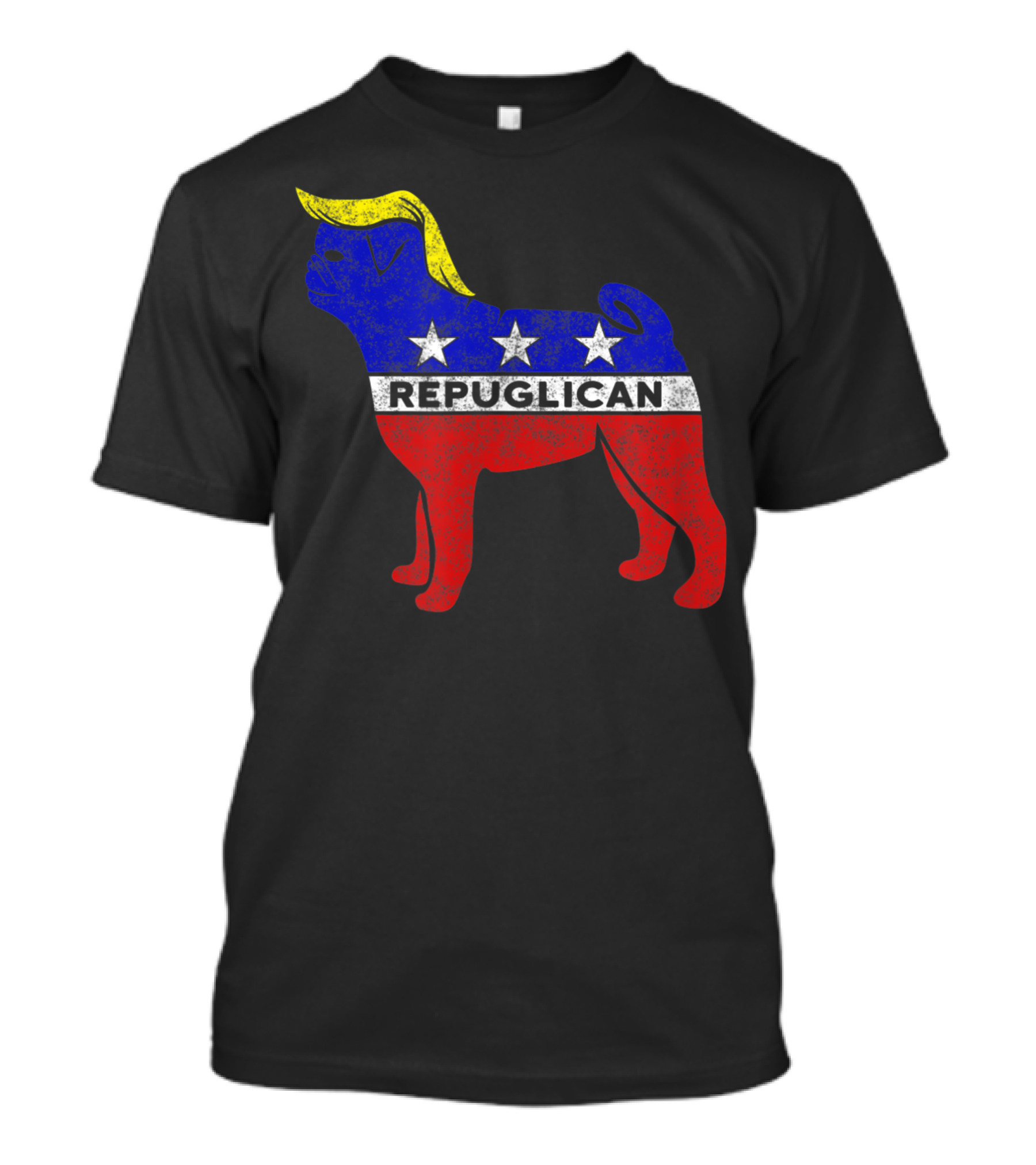 Pug Political Trump Hair Repuglican Red White Blue Stars T-Shirt