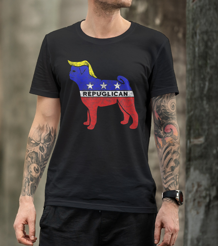 Pug Political Trump Hair Repuglican Red White Blue Stars T-Shirt