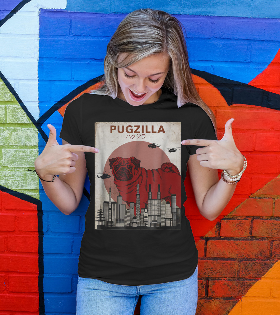 Pugzilla Japanese Movie Poster Style With Helicopters And Cityscape T-Shirt