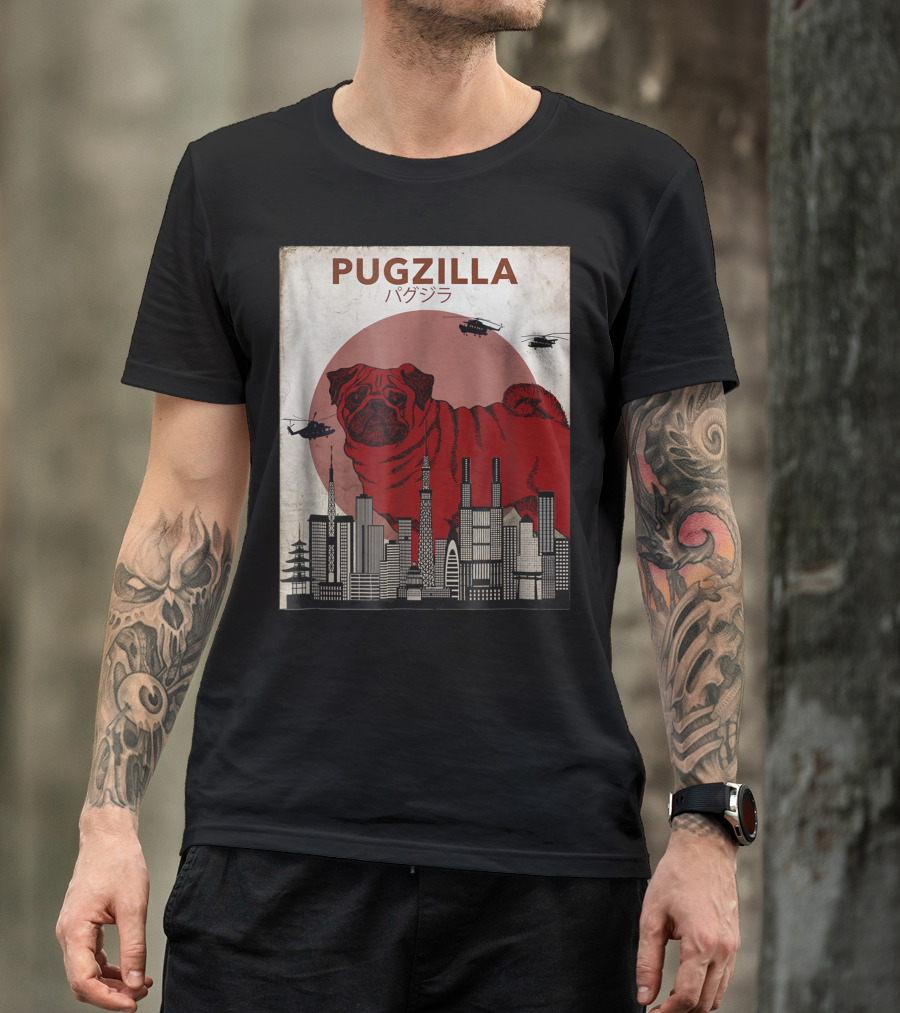 Pugzilla Japanese Movie Poster Style With Helicopters And Cityscape T-Shirt