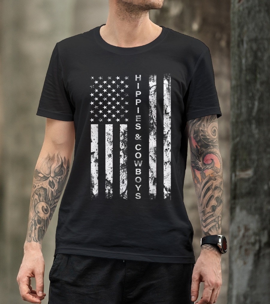 American Flag Hippies And Cowboys Raising Hell T-Shirt