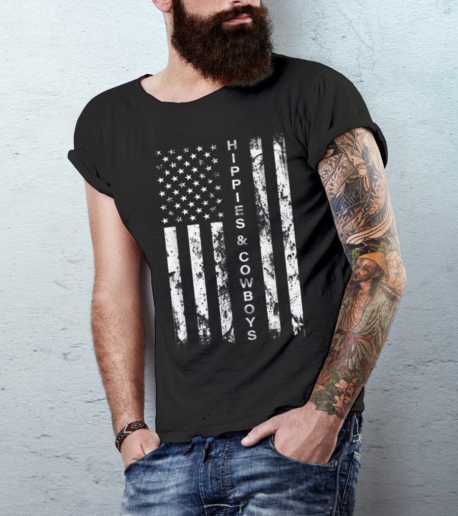 American Flag Hippies And Cowboys Raising Hell T-Shirt