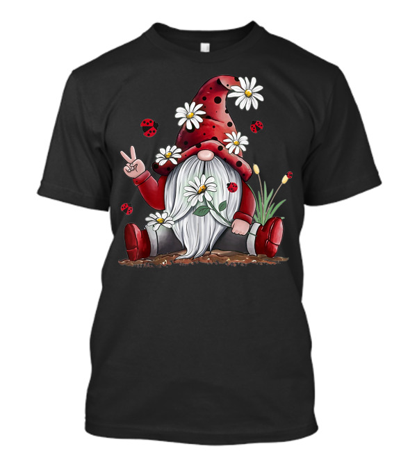 Red Gnome Hippie Daisy Flowers Ladybugs Christmas Peace Sign T-Shirt