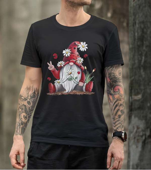 Red Gnome Hippie Daisy Flowers Ladybugs Christmas Peace Sign T-Shirt
