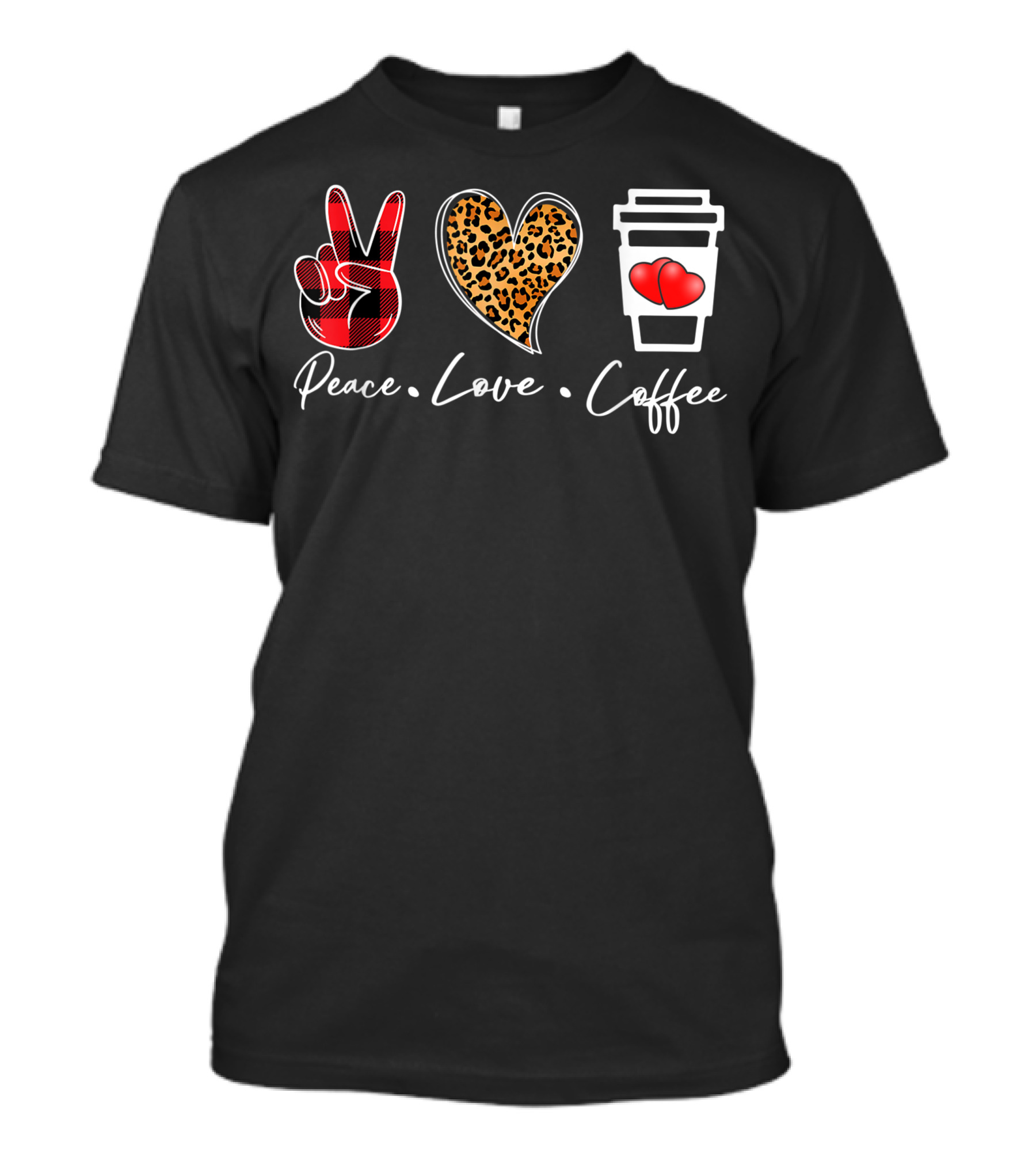 Peace Love Coffee Red Plaid Leopard T-Shirt