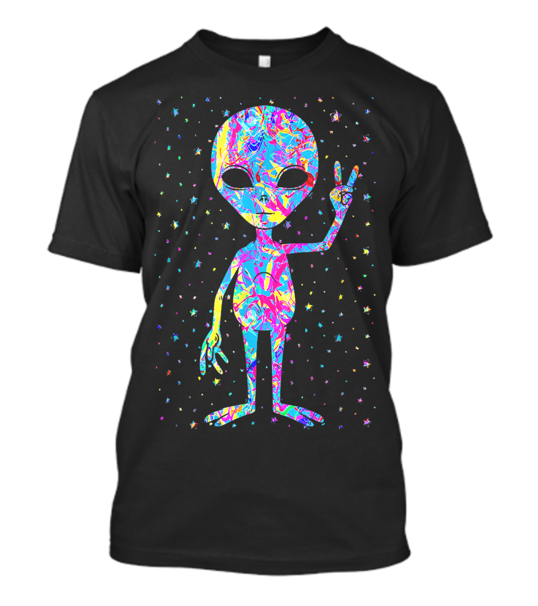 Retro 1970s Tie Dye Groovy Alien Peace Sign With Stars T-Shirt