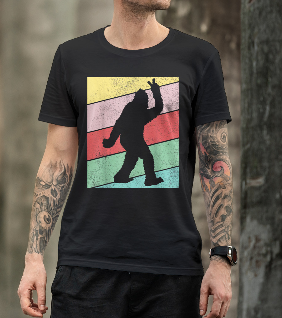 Retro Bigfoot Peace Sign Vintage Stripes T-Shirt