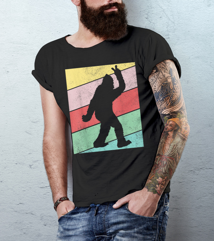Retro Bigfoot Peace Sign Vintage Stripes T-Shirt