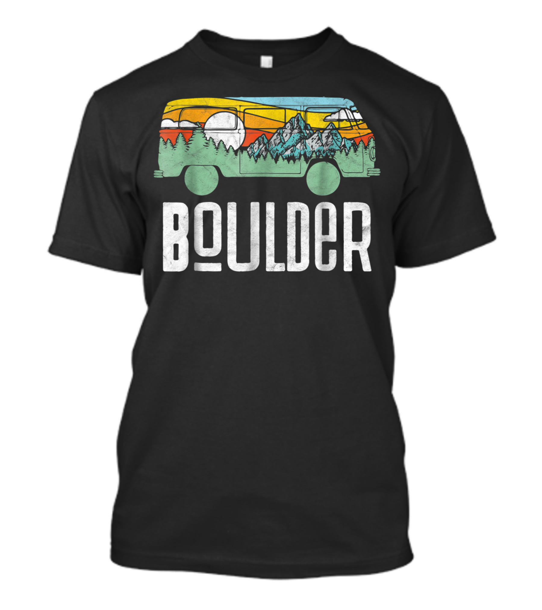 Boulder Colorado Retro Outdoor Hippie Van With Mountains And Sunburst T-Shirt