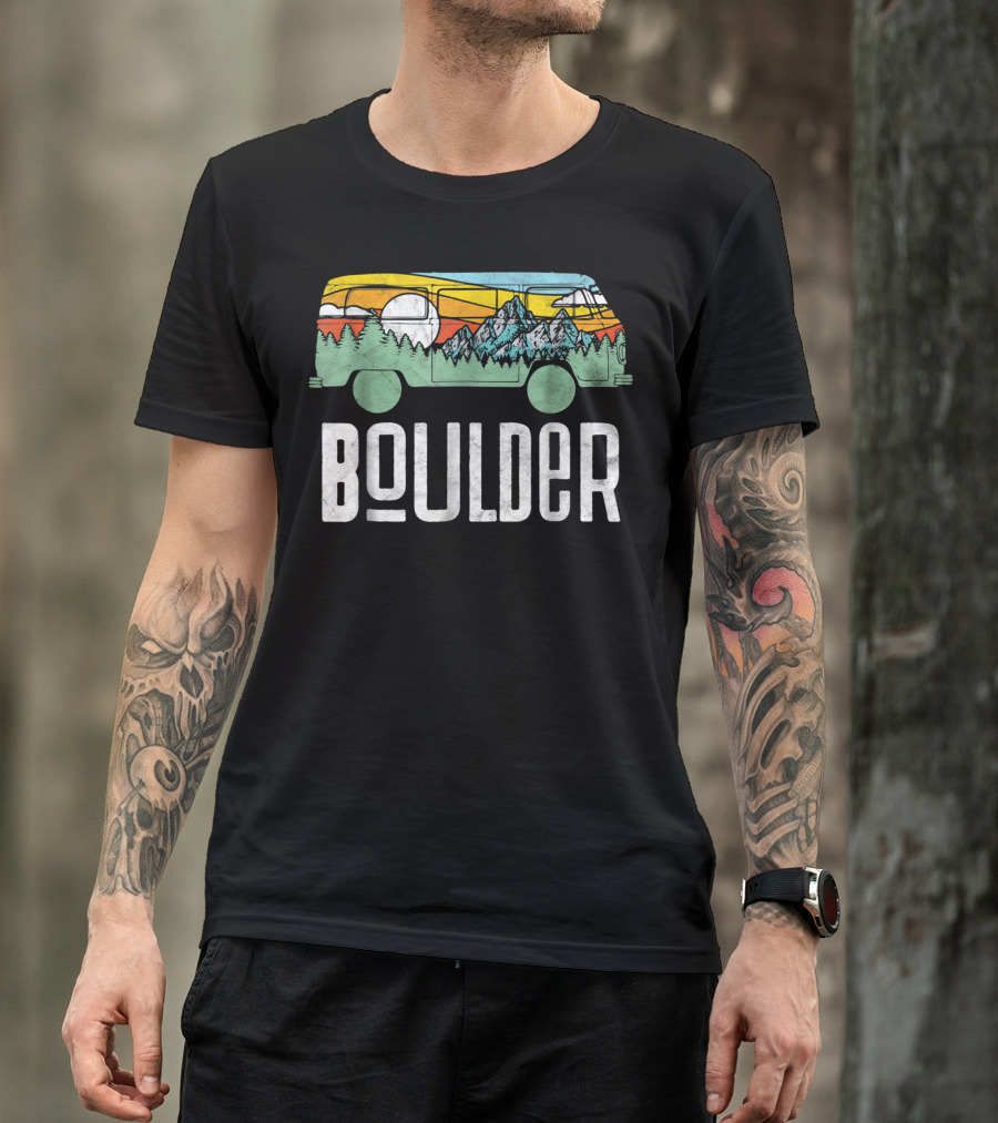 Boulder Colorado Retro Outdoor Hippie Van With Mountains And Sunburst T-Shirt