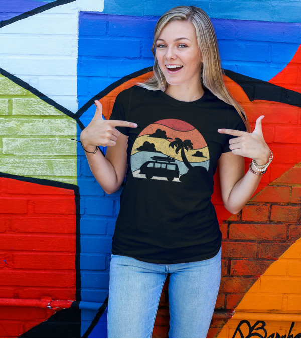 Retro Camping Camper Van Life Palm Tree Sunset Adventure T-Shirt