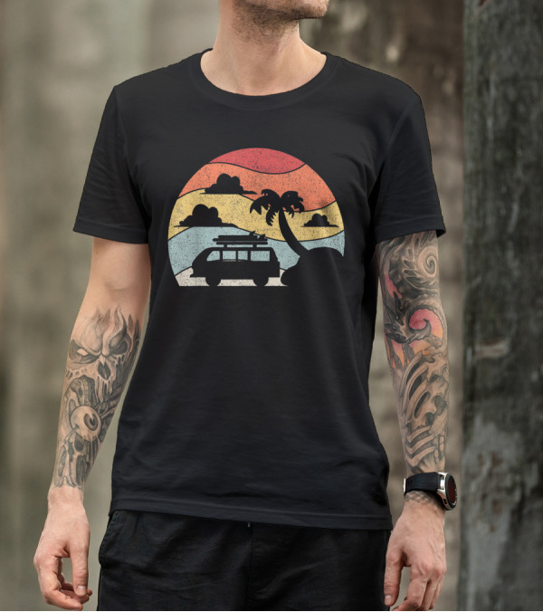 Retro Camping Camper Van Life Palm Tree Sunset Adventure T-Shirt