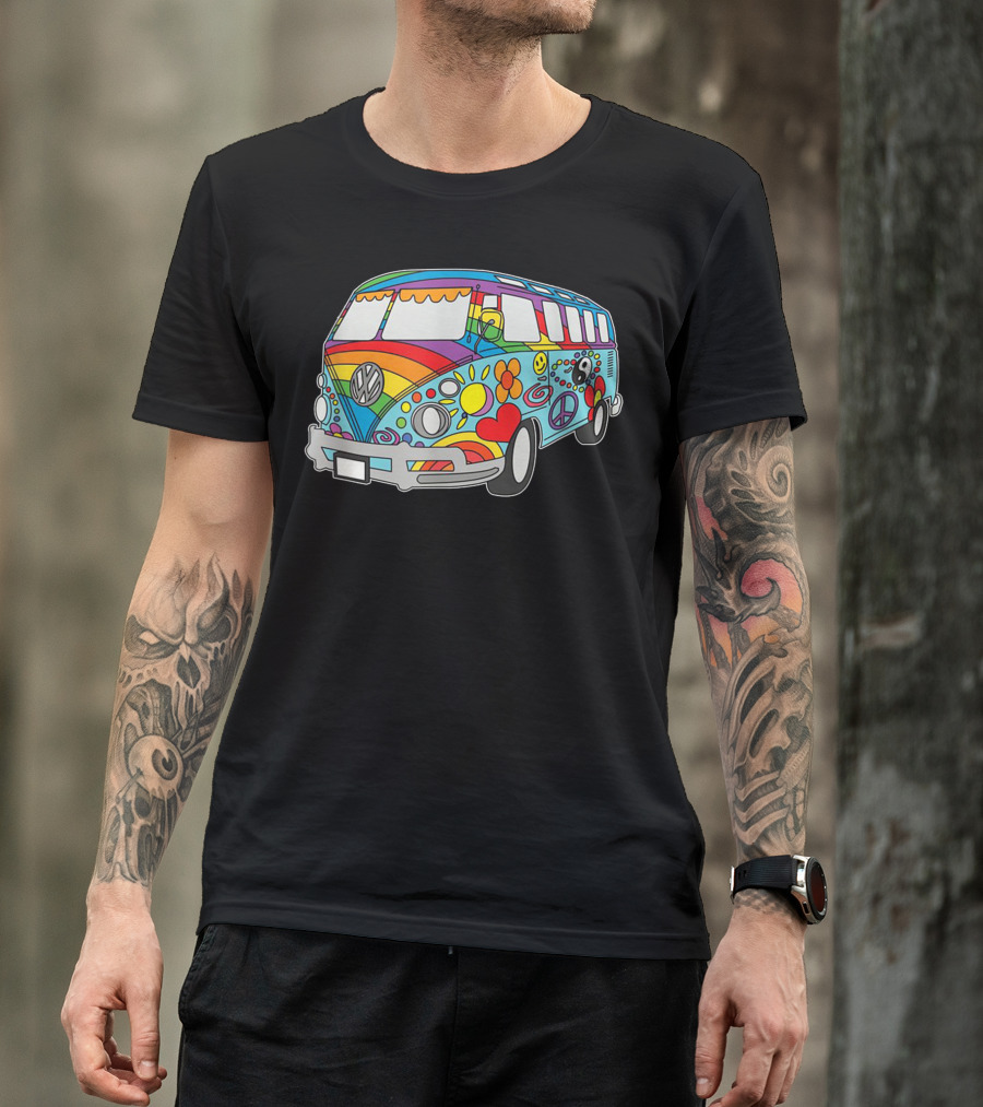 Retro Vintage Hippie Van Rainbow Peace And Love Symbols T-Shirt