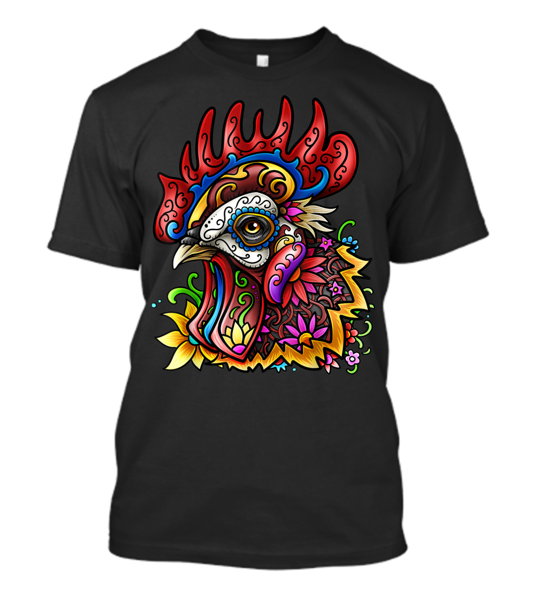 Roster Sugar Skull Dia De Muertos Day Of The Dead Rooster Floral T-Shirt