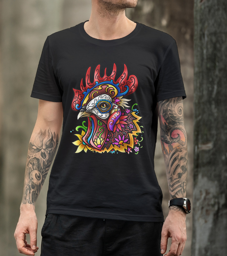 Roster Sugar Skull Dia De Muertos Day Of The Dead Rooster Floral T-Shirt