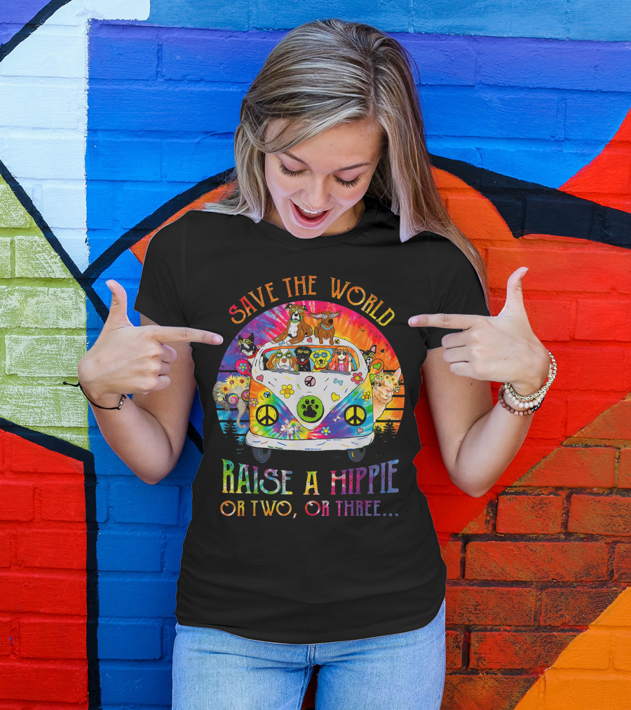 Save The World Raise A Hippie Or Two Or Three Colorful Animal Bus Peace Signs T-Shirt