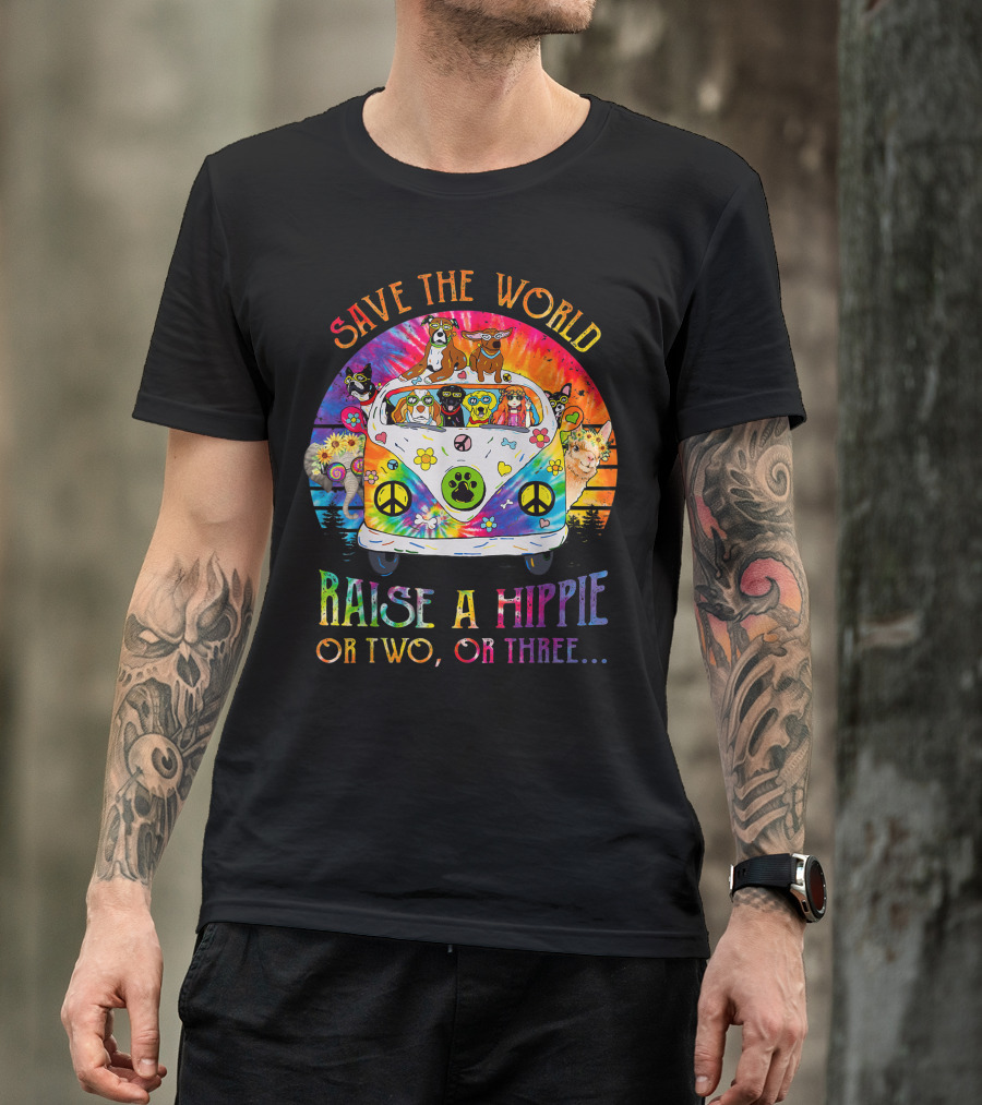 Save The World Raise A Hippie Or Two Or Three Colorful Animal Bus Peace Signs T-Shirt