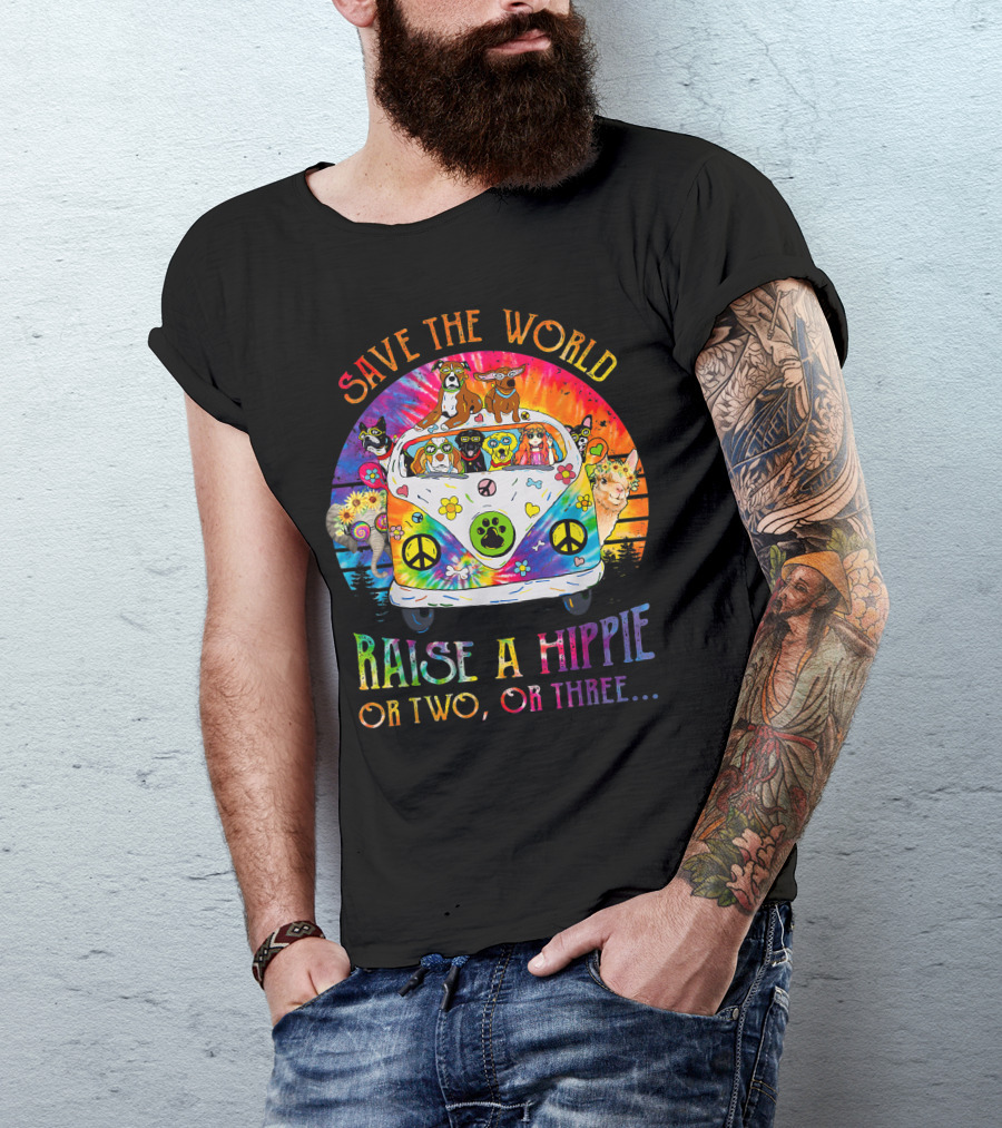 Save The World Raise A Hippie Or Two Or Three Colorful Animal Bus Peace Signs T-Shirt