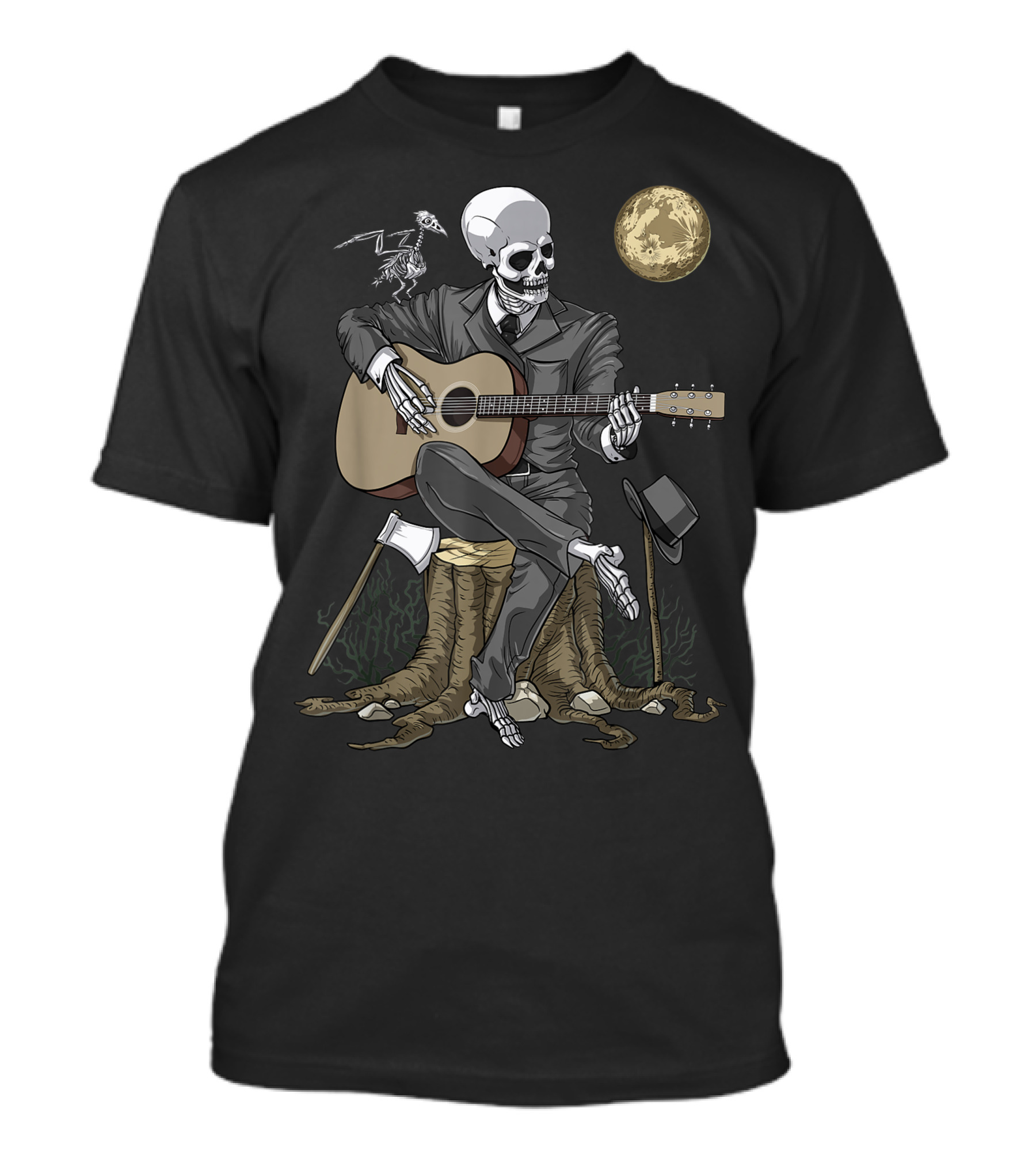 Skeleton Playing Acoustic Guitar Under Moon With Suit Fantasy Gothic Macabre Goth T-Shirt