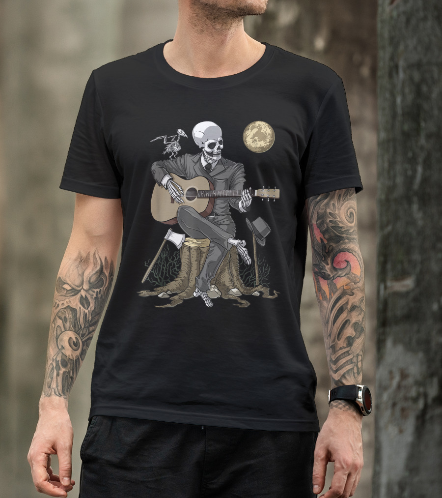 Skeleton Playing Acoustic Guitar Under Moon With Suit Fantasy Gothic Macabre Goth T-Shirt