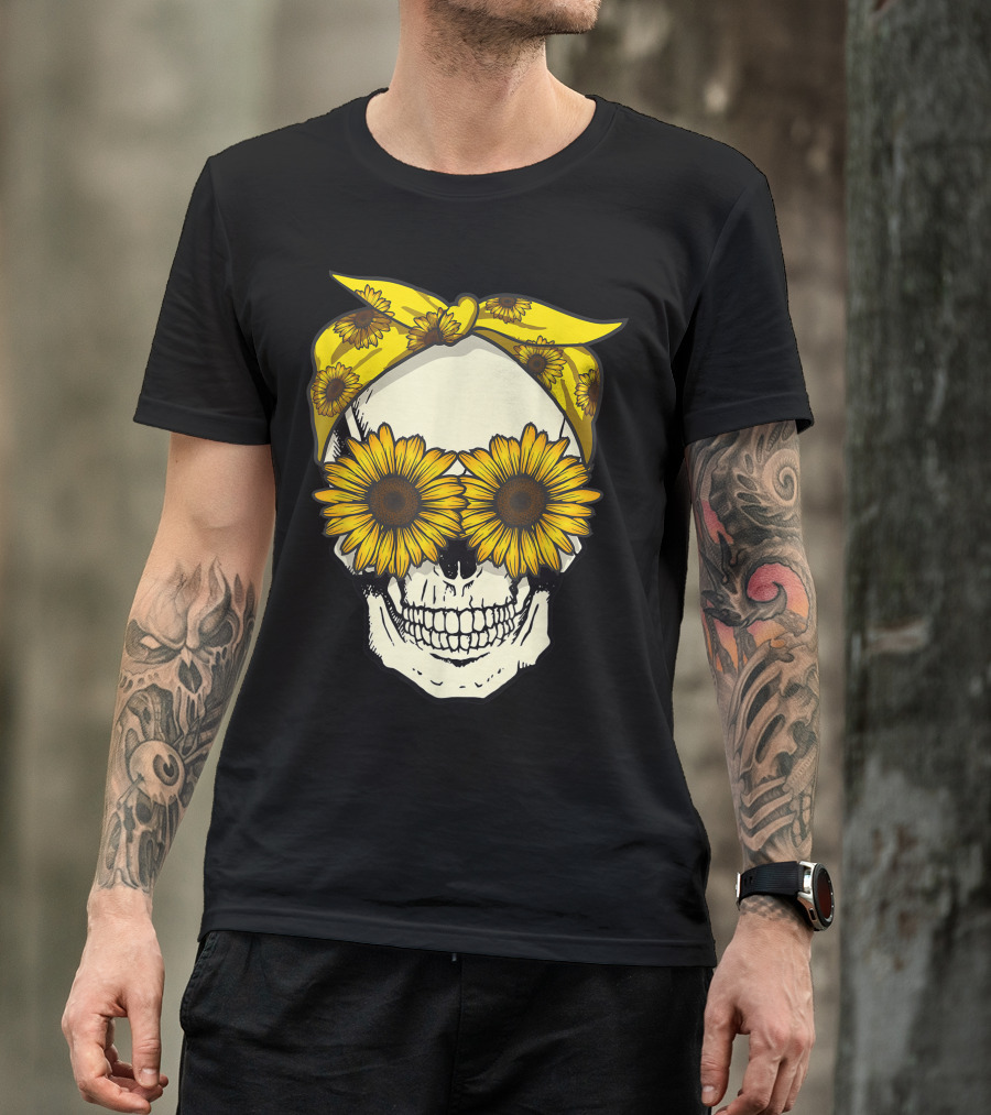 Skull Sunflower Bandana Floral Sun Flowers Goth Cute T-Shirt