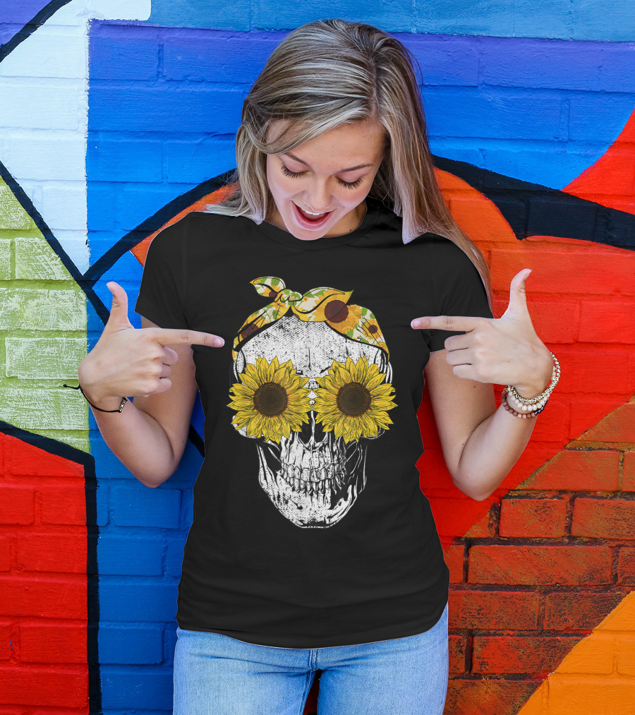 Skull Sunflower Skeleton With Bandana Sunflower Eyes T-Shirt