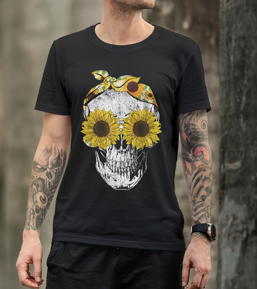 Skull Sunflower Skeleton With Bandana Sunflower Eyes T-Shirt